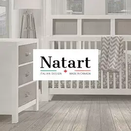 Focus on natart logo with faded background of white and brown wooden crib and 3 drawer dresser