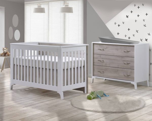 Metro Collection Baby Room with Crib and Dresser in White and Ash