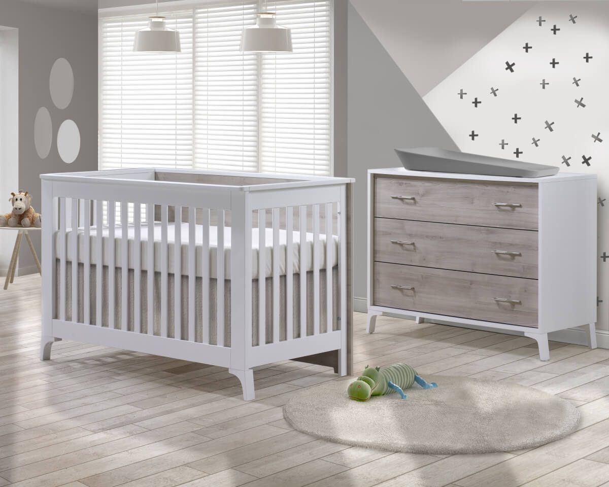 Metro Collection Baby Room with Crib and Dresser in White and Ash