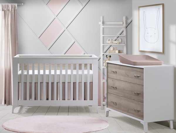 Metro Collection Baby Room with Crib and Dresser in White and Natural Oak