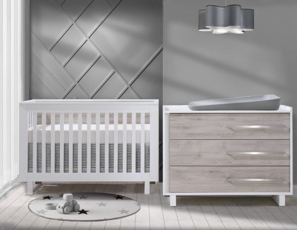 Urban Collection Baby Room with Crib and Dresser in White and Sand