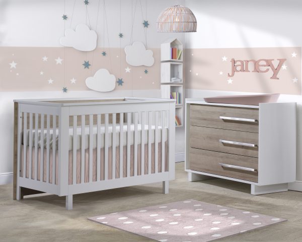 Urban Collection Baby Room with Crib and Dresser in White and Natural