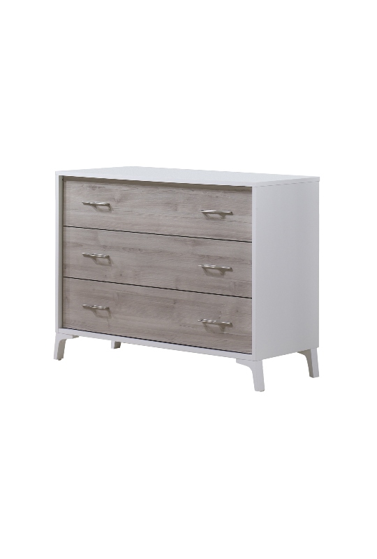 White Metro 3 drawer dresser with sand color wood facades