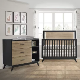 Sissi Convertible Crib and 3 Drawer Dresser in Black Natural Oak