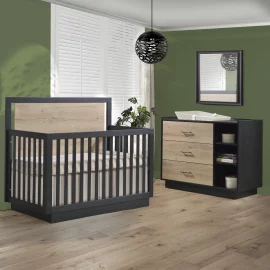 Tito Convertible Crib and 3 Drawer Dresser in Black Natural Oak