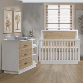 Tito Convertible Crib and 3 Drawer Dresser in White Natural Oak